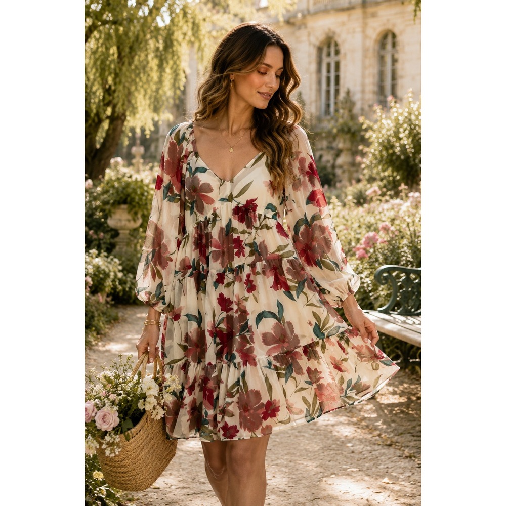Baltic Born Shelley Floral Tiered Chiffon Mini Dress Bishop Sleeve 1XL